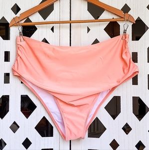 Bright Neon Coral High Waist Ruched Stomach Biki Swim Suit Bottom